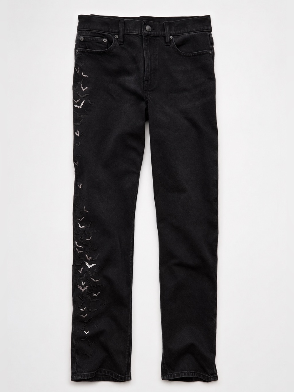 American Eagle Bat Embroidered Straight Jeans Size 0 Black Halloween NWT